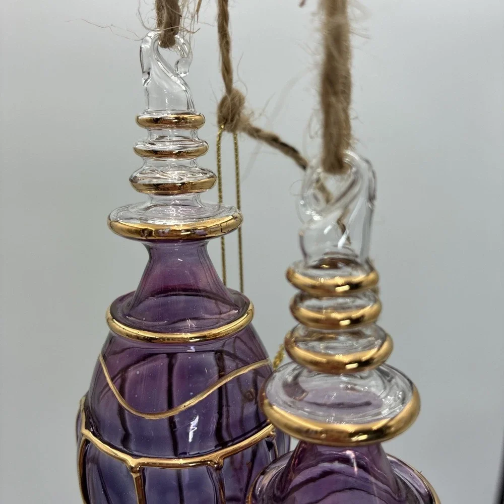Purple Hand Blown Glass Ornaments Gold Filigree Teardrop Finial Set of 3 6